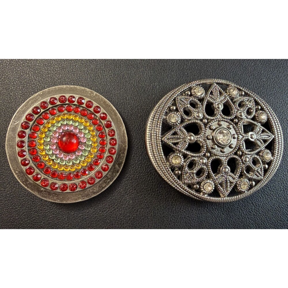 Lot of 2 Women's Metal Silver Tone Belt Buckles Multicolor Clear Bling Stones